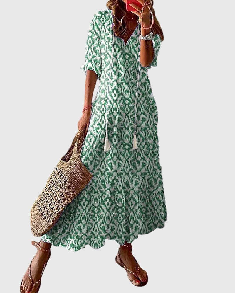 Robe longue imprimée à col en V pour femme