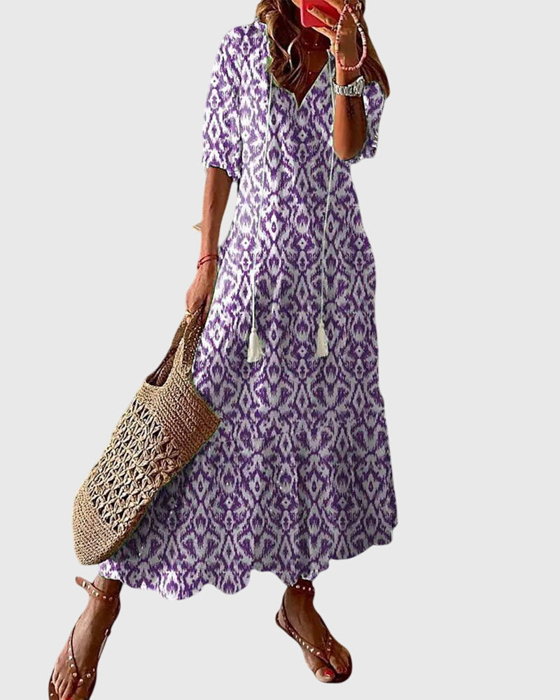 Robe longue imprimée à col en V pour femme