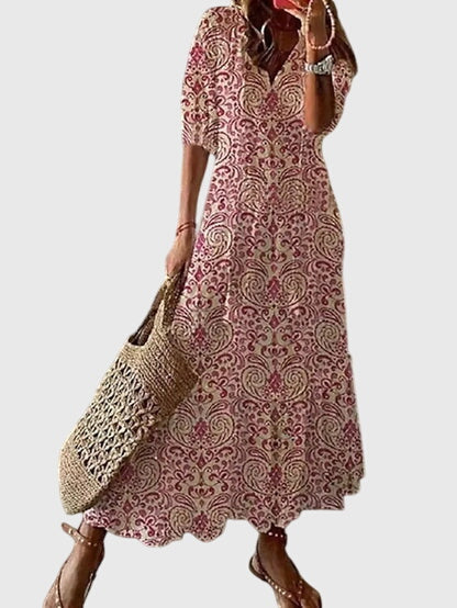 Robe longue imprimée à col en V pour femme