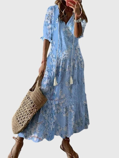 Robe longue imprimée à col en V pour femme