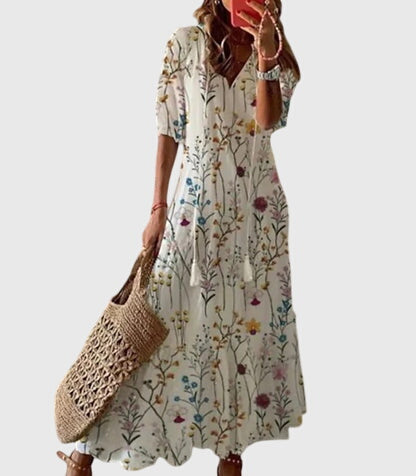 Robe longue imprimée à col en V pour femme