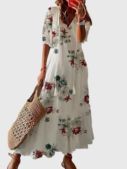 Robe longue imprimée à col en V pour femme
