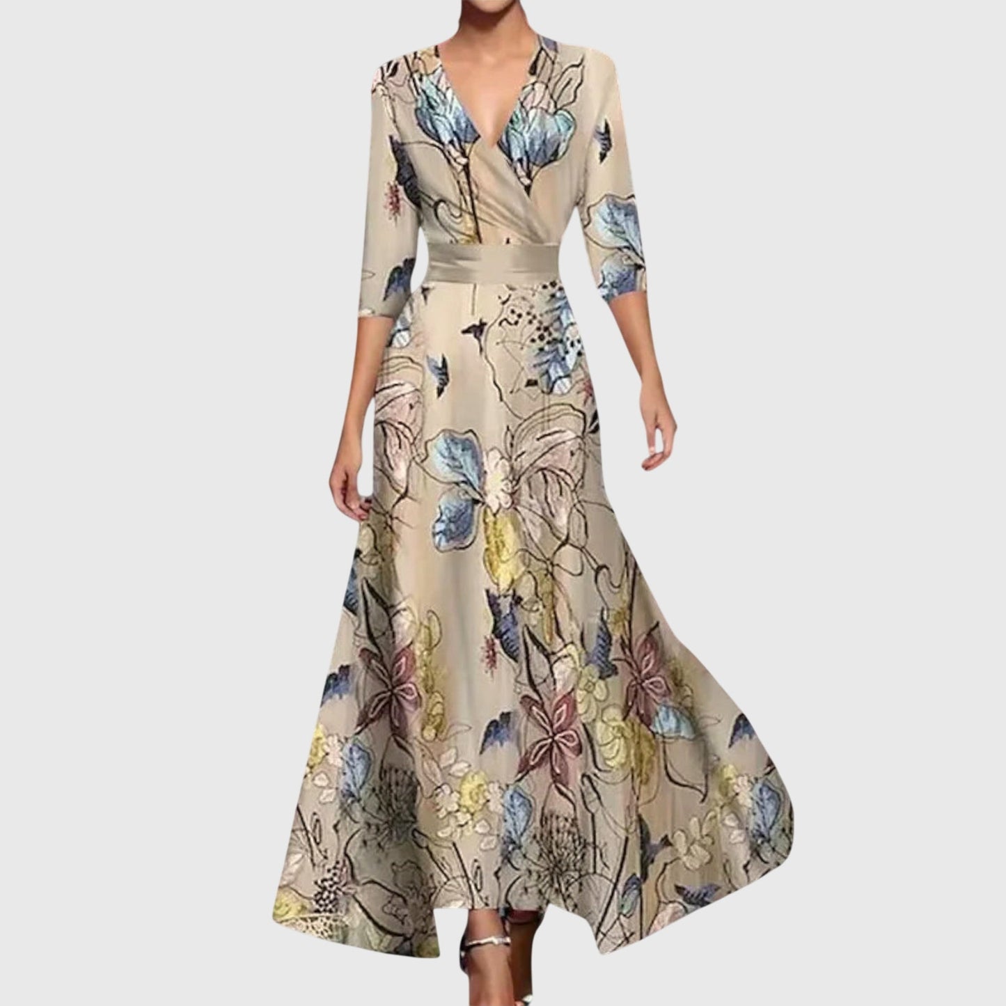 Robe longue portefeuille à col en V fleurie pour femme
