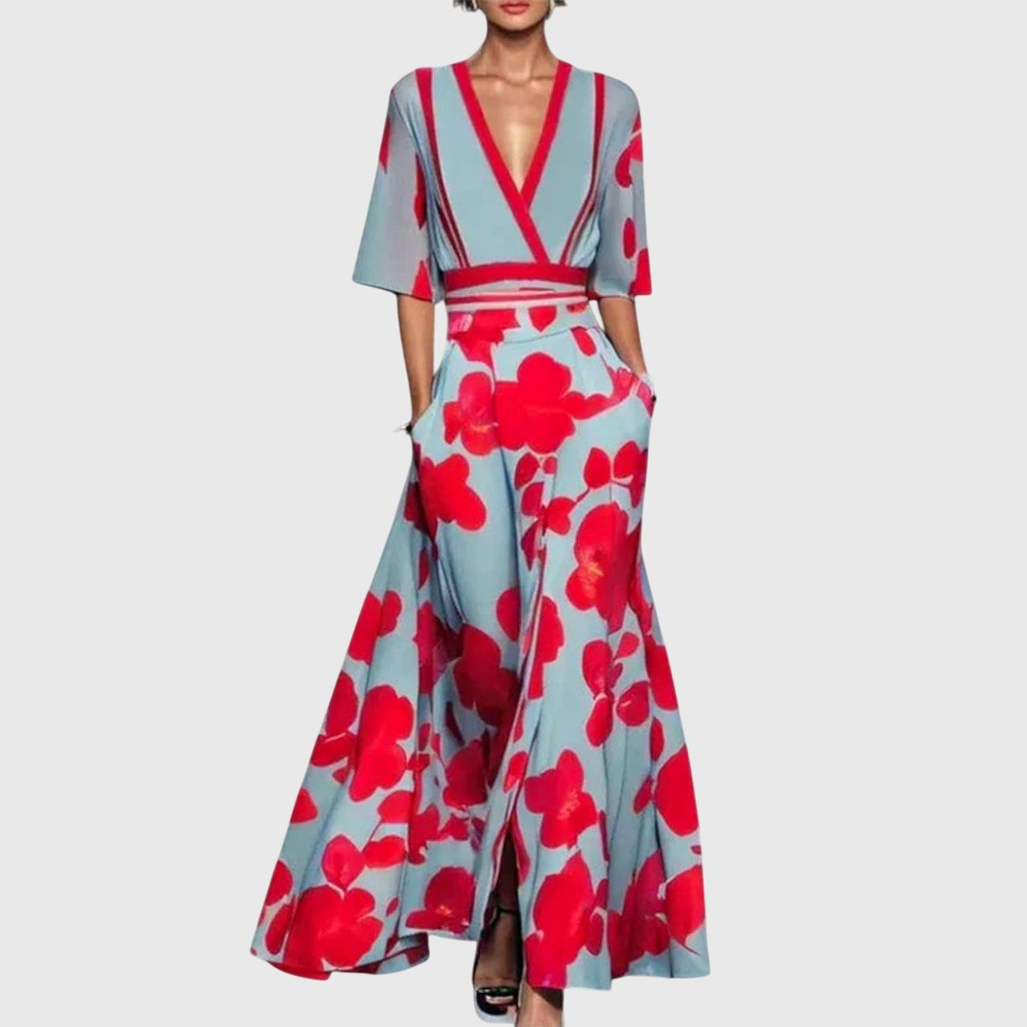 Robe longue portefeuille à col en V fleurie pour femme