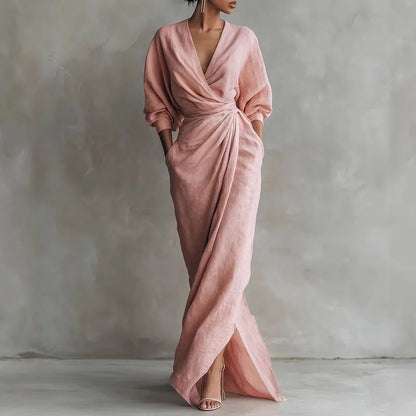 Robe longue portefeuille à col en V pour femme