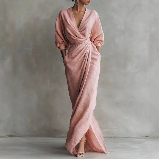 Robe longue portefeuille à col en V pour femme
