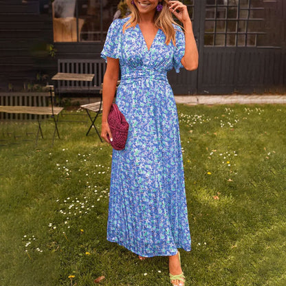 Robe longue portefeuille à col en V pour femme