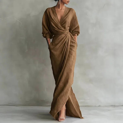 Robe longue portefeuille à col en V pour femme
