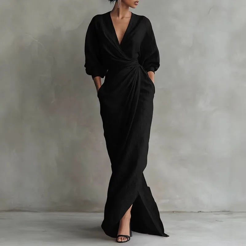 Robe longue portefeuille à col en V pour femme