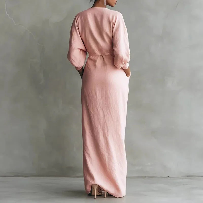 Robe longue portefeuille à col en V pour femme