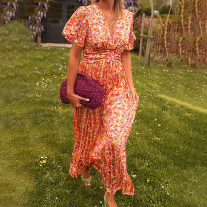 Robe longue portefeuille à col en V pour femme