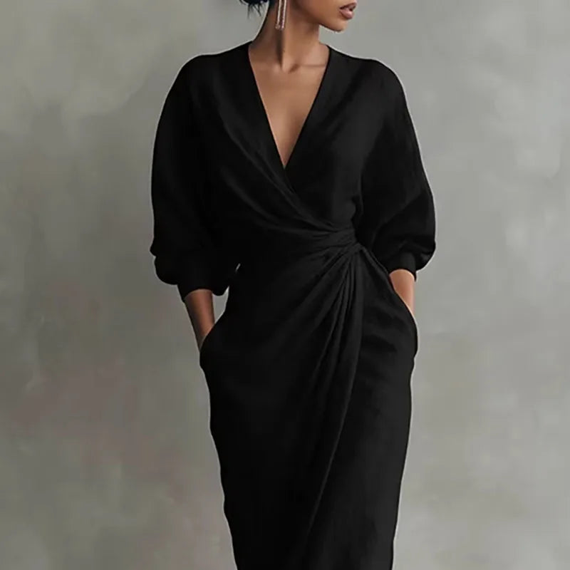 Robe longue portefeuille à col en V pour femme