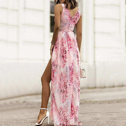 Robe longue portefeuille à fleurs à col en V pour femme