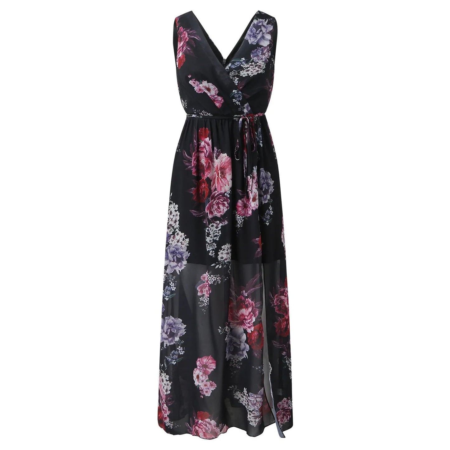 Robe longue portefeuille à fleurs à col en V pour femme