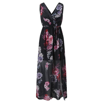 Robe longue portefeuille à fleurs à col en V pour femme