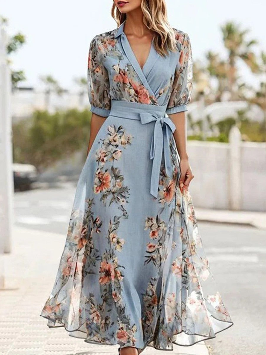 Robe longue portefeuille à fleurs élégante