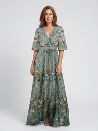 Robe longue portefeuille brodée pour femme