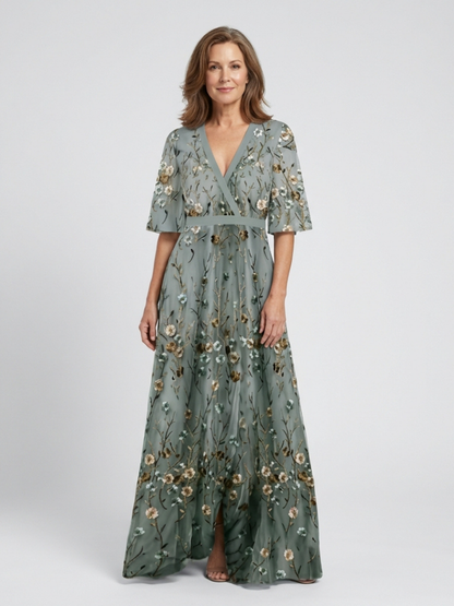Robe longue portefeuille brodée pour femme