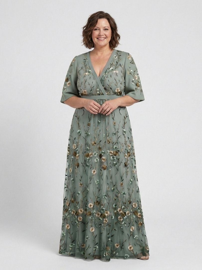 Robe longue portefeuille brodée pour femme