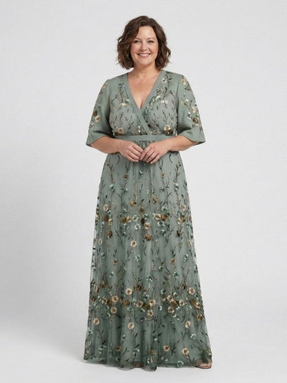 Robe longue portefeuille brodée pour femme