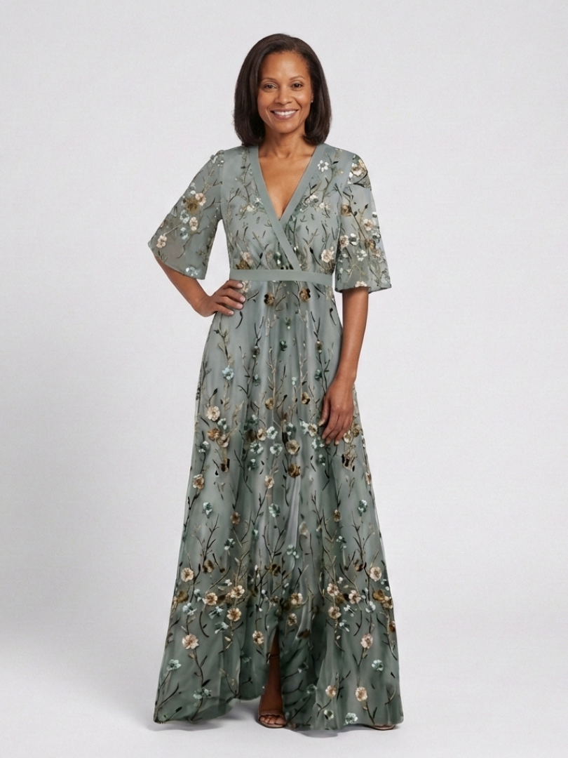 Robe longue portefeuille brodée pour femme