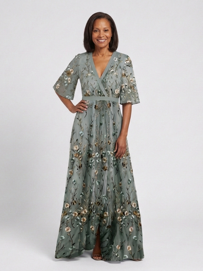 Robe longue portefeuille brodée pour femme