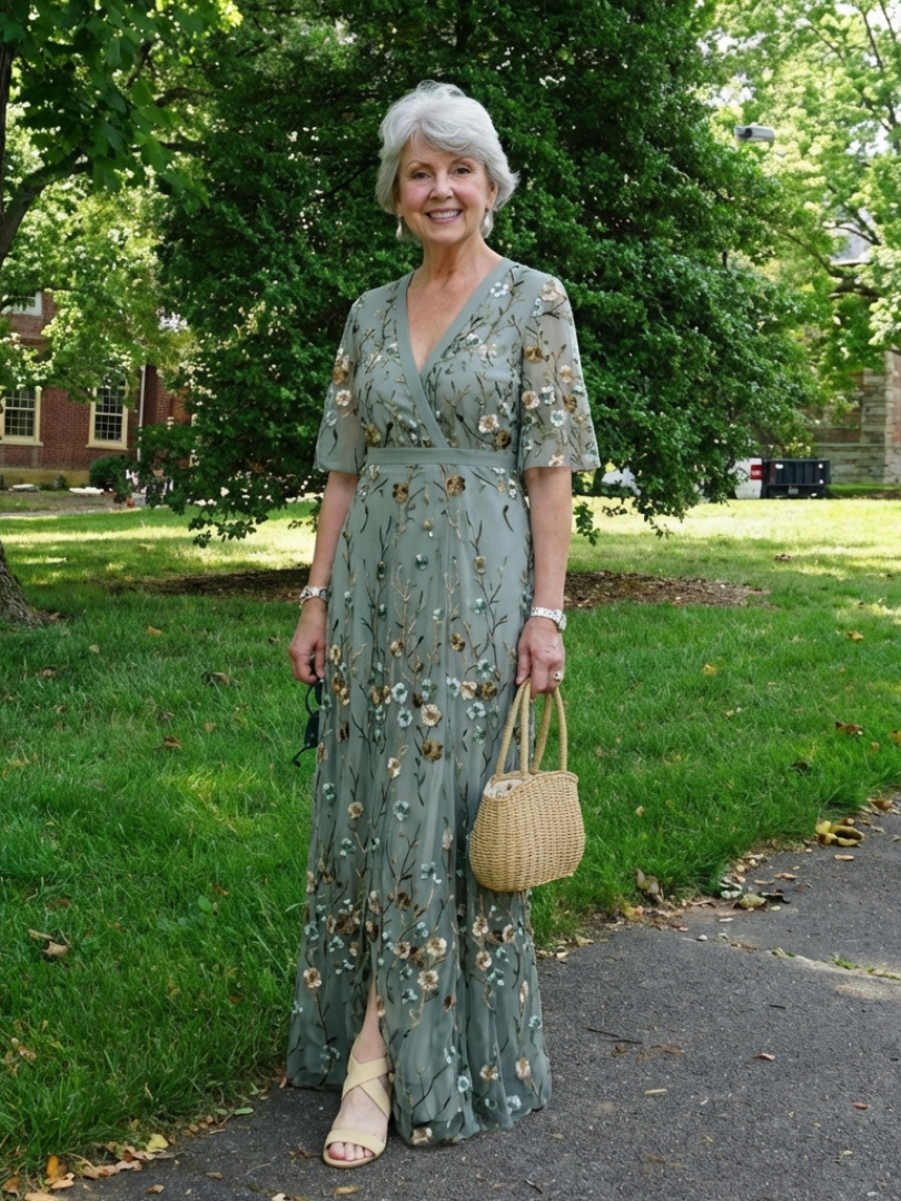 Robe longue portefeuille brodée pour femme