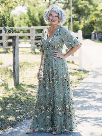 Robe longue portefeuille brodée pour femme