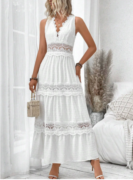 Robe longue sans manches en dentelle pour femme