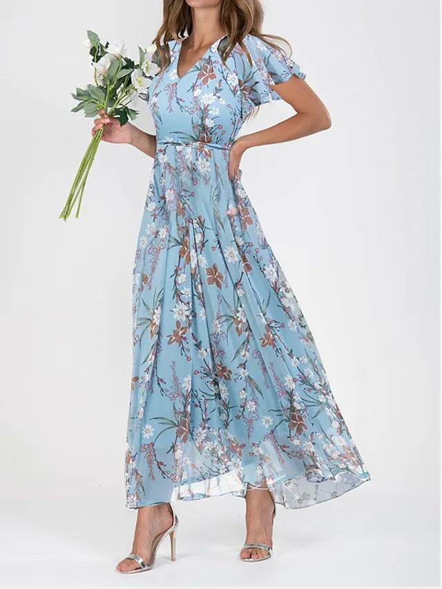 Robe longue trapèze à col en V pour femme