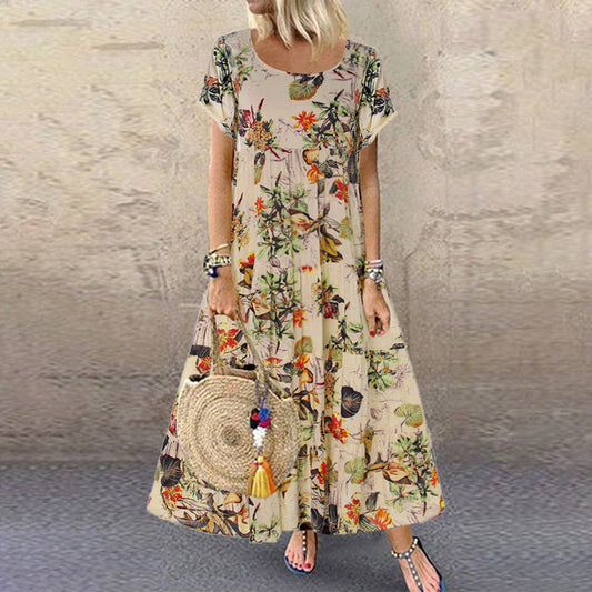Robe longue trapèze à manches courtes pour femme
