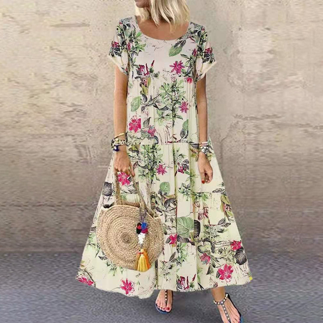 Robe longue trapèze à manches courtes pour femme
