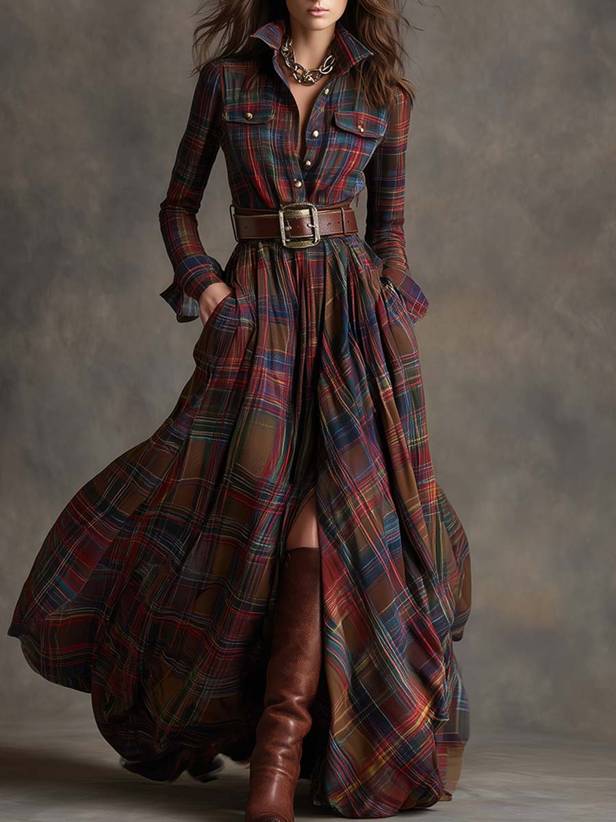 Robe maxi à carreaux boutonnée femme