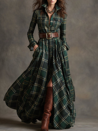 Robe maxi à carreaux boutonnée femme