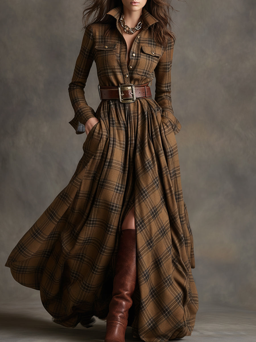 Robe maxi à carreaux boutonnée femme