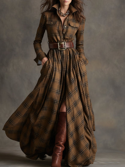Robe maxi à carreaux boutonnée femme