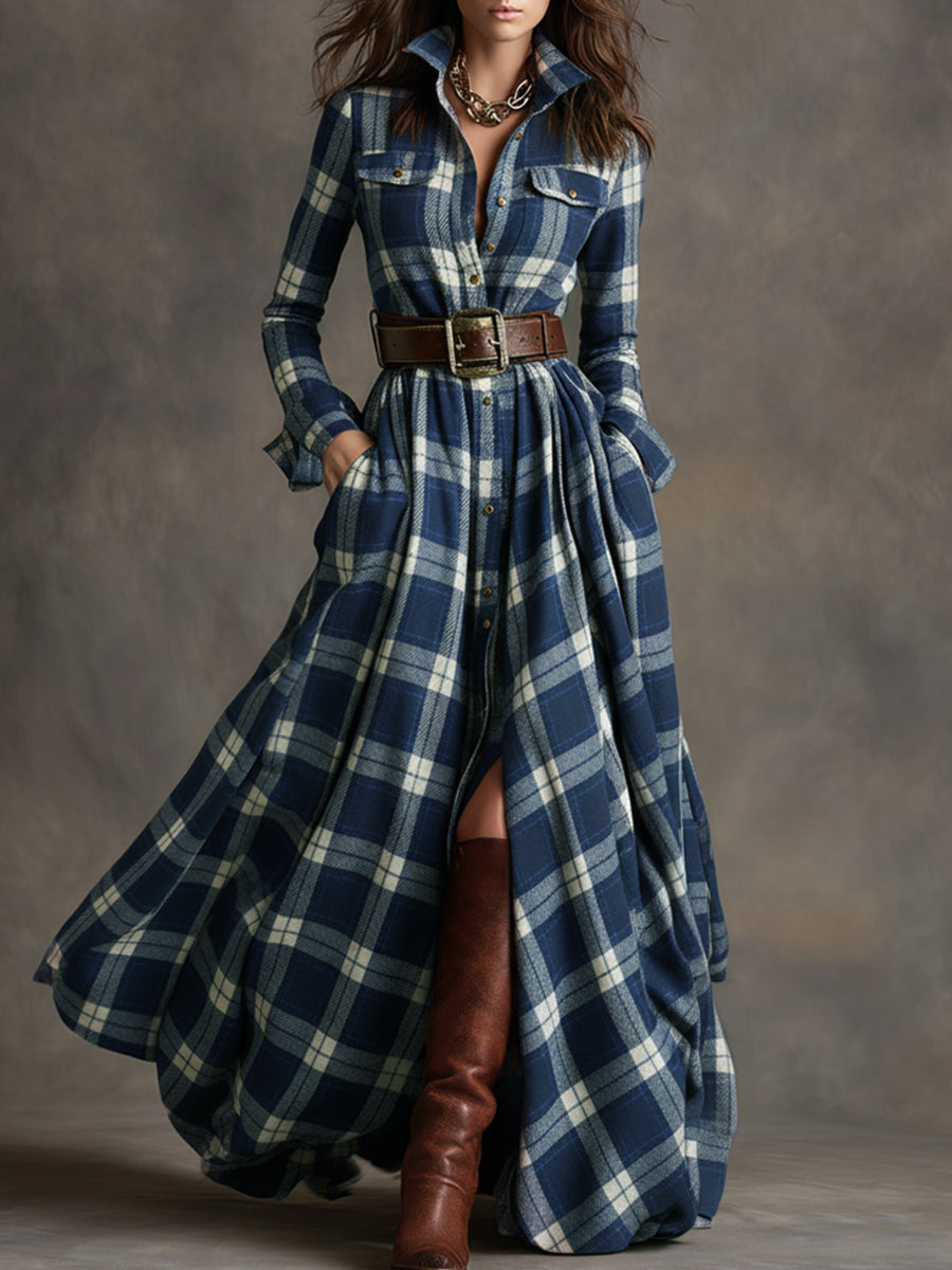 Robe maxi à carreaux boutonnée femme