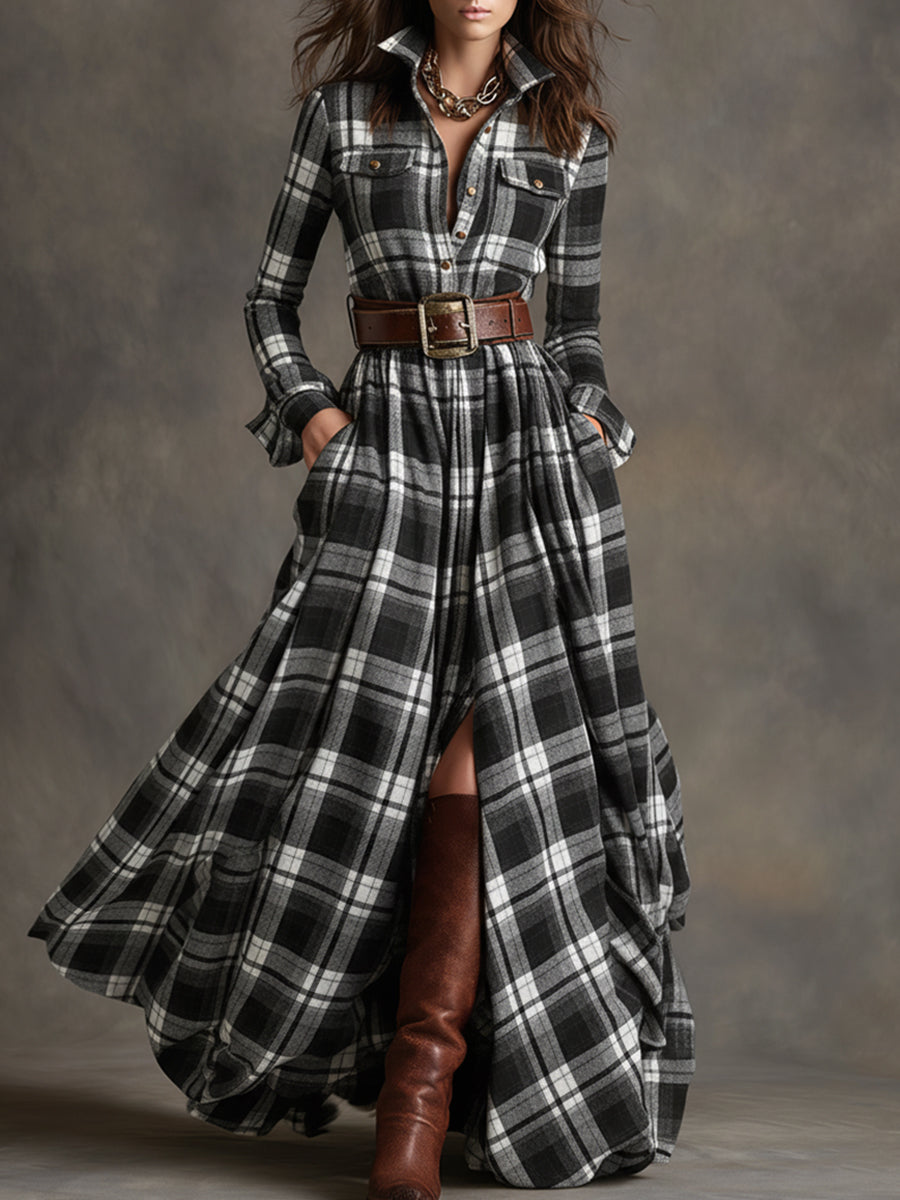 Robe maxi à carreaux boutonnée femme
