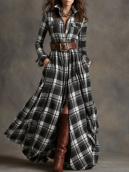 Robe maxi à carreaux boutonnée femme