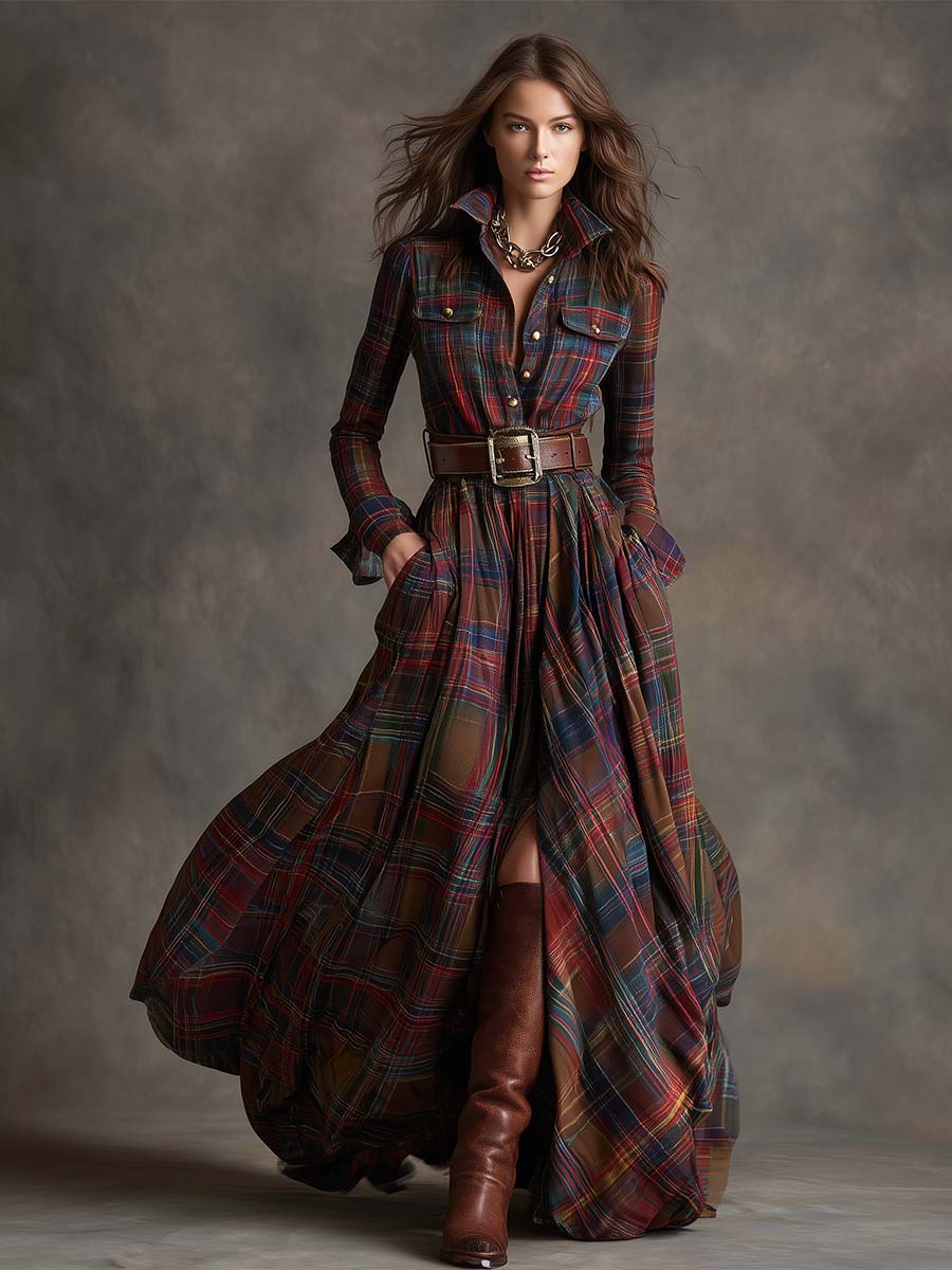 Robe maxi à carreaux boutonnée femme