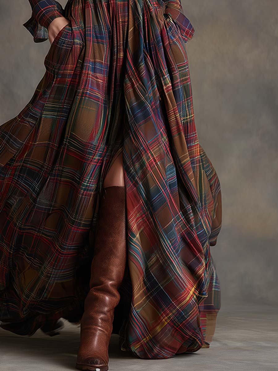 Robe maxi à carreaux boutonnée femme