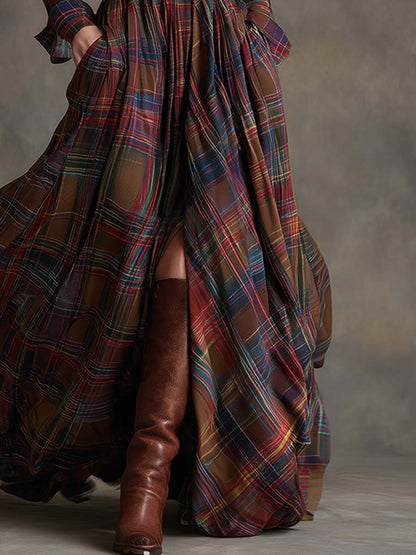 Robe maxi à carreaux boutonnée femme