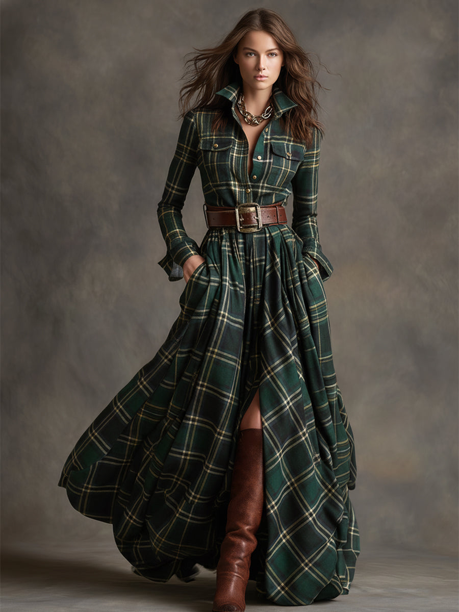 Robe maxi à carreaux boutonnée femme
