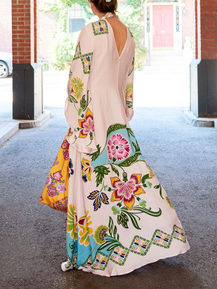 Robe maxi à manches longues à fleurs pour femme