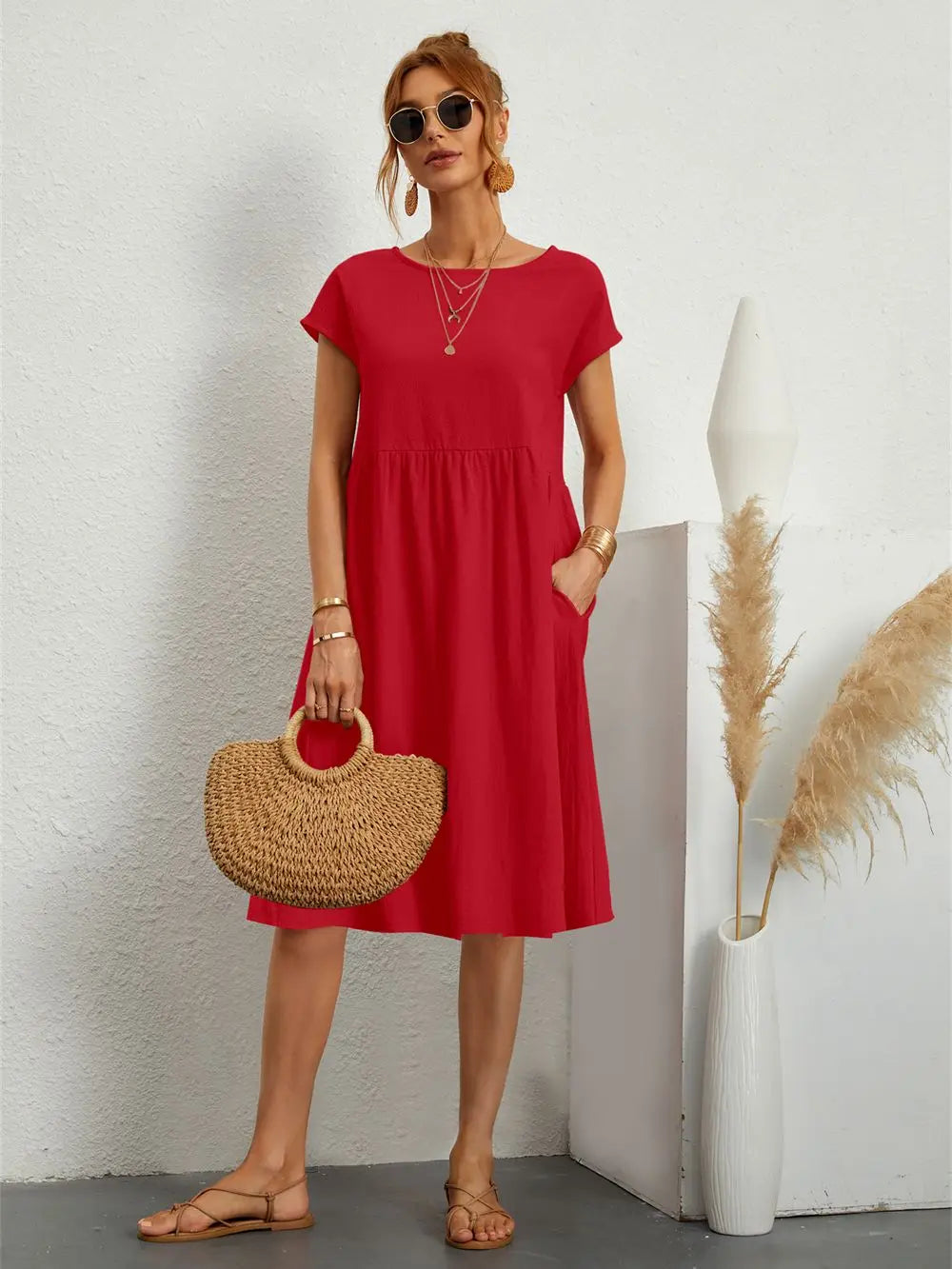 Robe midi à coupe trapèze décontractée pour femme