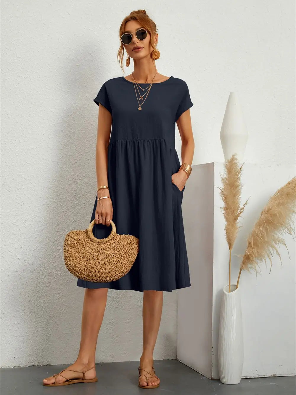 Robe midi à coupe trapèze décontractée pour femme