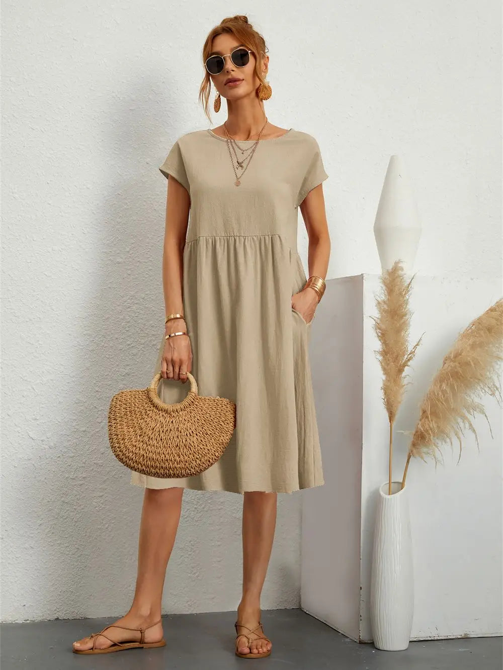 Robe midi à coupe trapèze décontractée pour femme