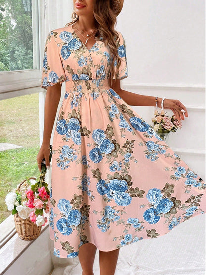 Robe midi cintrée et évasée à col en V pour femme