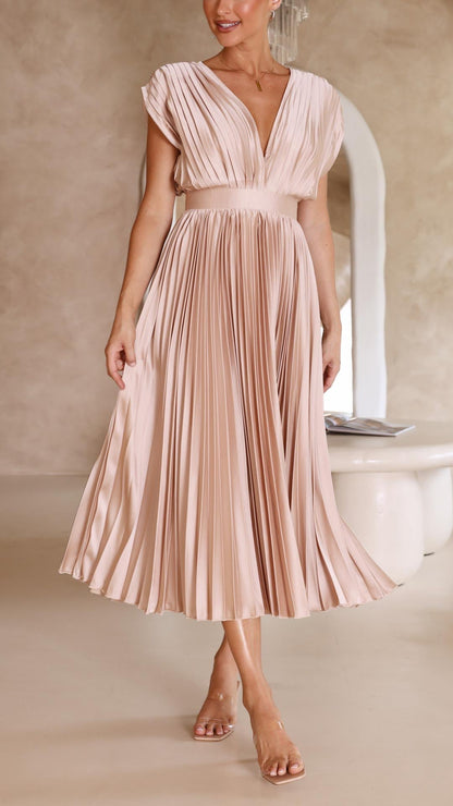 Robe midi cintrée et évasée à col en V pour femme