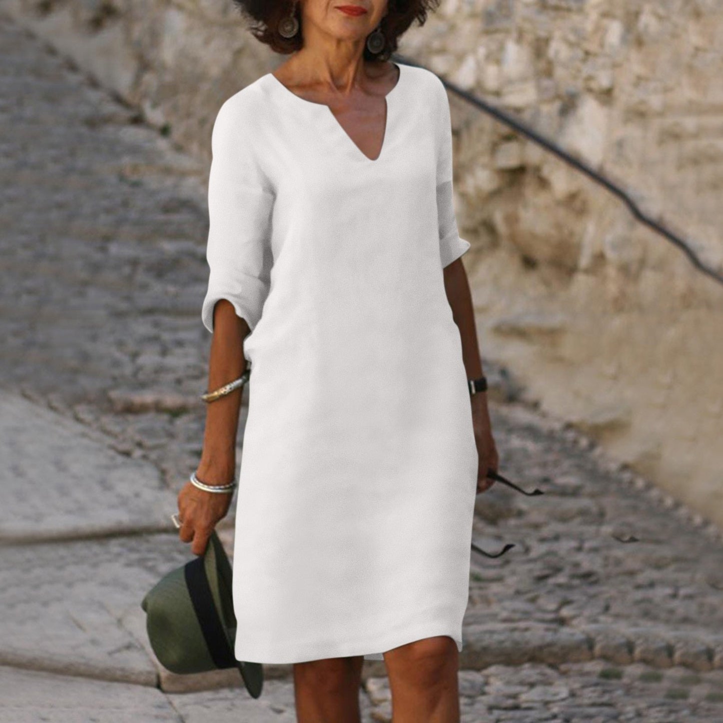 Robe midi droite à manches 3/4 pour femme